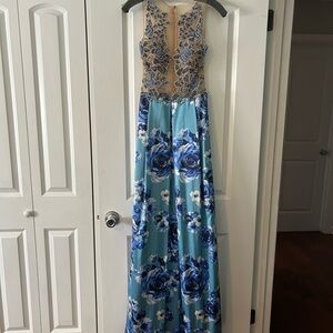 Elegant Blue Floral Evening Gown
